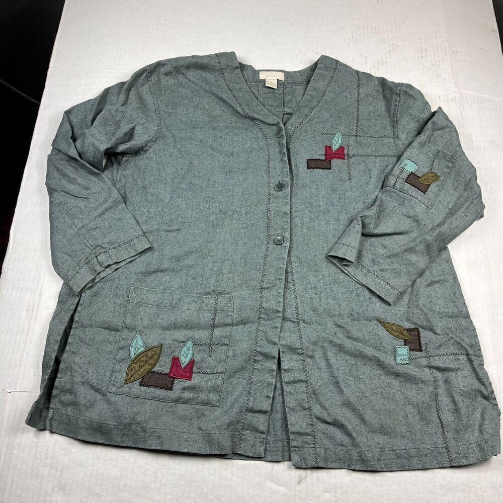 J.Jill Embroidered Linen Jacket Green 3/4 Sleeve Button Down With Pocket MEDIUM